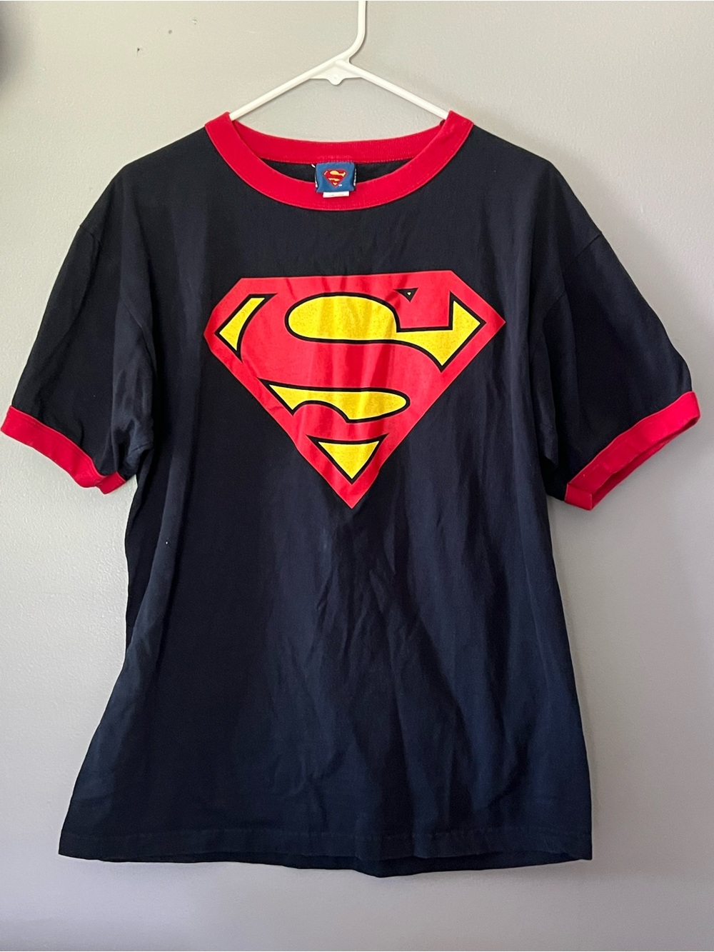 Vintage Superman Ringer T Shirt Large Made in USA Black Red Classic Logo